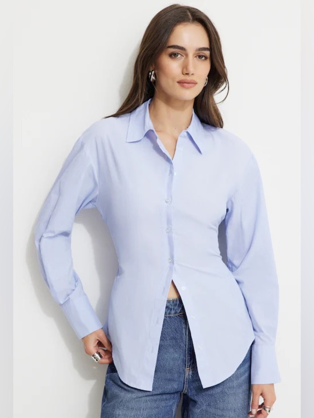 Dynamite Womens Pale Blue Cinch Back Button-Up Shirt